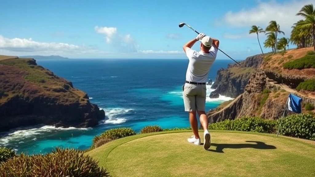 Golfer mid-swing on elevated tee box overlooking dramatic coastal cliff with turquoise ocean water, native Hawaiian vegetation, and trade winds creating dynamic playing conditions