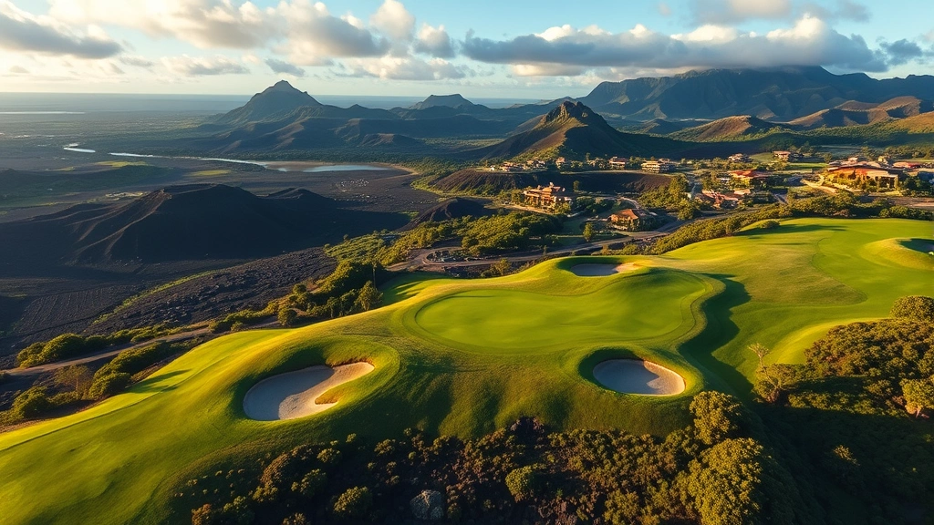 Aerial view of a championship golf course hole with bunkers, elevated green, volcanic landscape, and native Hawaiian vegetation, scenic resort setting