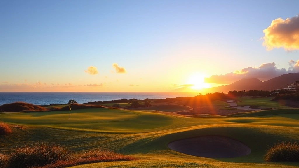 Sunset view across pristine golf course with ocean horizon, manicured greens, strategic bunkers, and West Maui landscape with warm golden and orange light reflecting on course