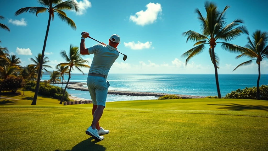 Golfer mid-swing on a tropical Hawaiian golf course with bay water visible in background, trade winds evident from palm trees, bright sunlight, professional stance
