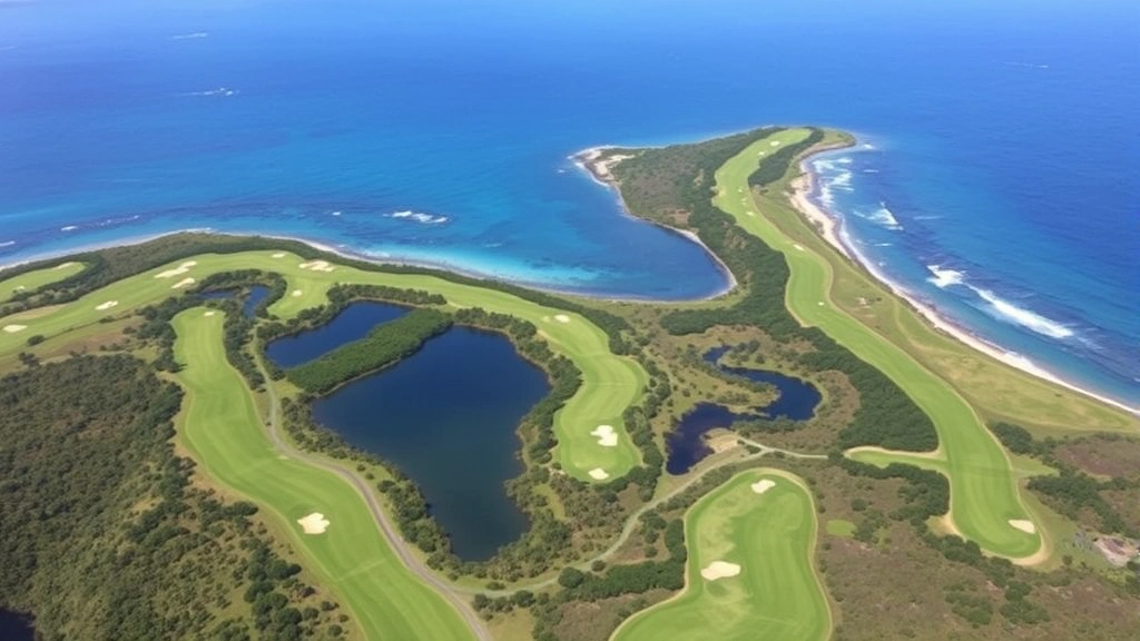 Aerial view of Kaneohe Bay golf course with green fairways, water hazards, and surrounding tropical vegetation against blue ocean backdrop, showing natural coastal landscape and course layout