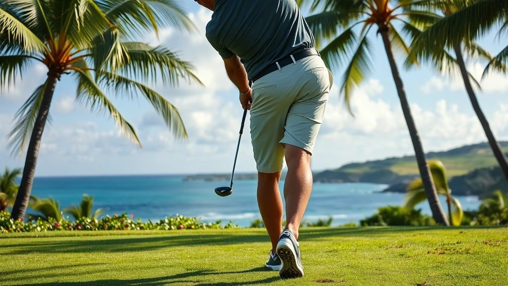 Close-up of golfer mid-swing on tropical golf course with lush vegetation, blue sky, and coastal scenery visible in background, demonstrating athletic form and engagement