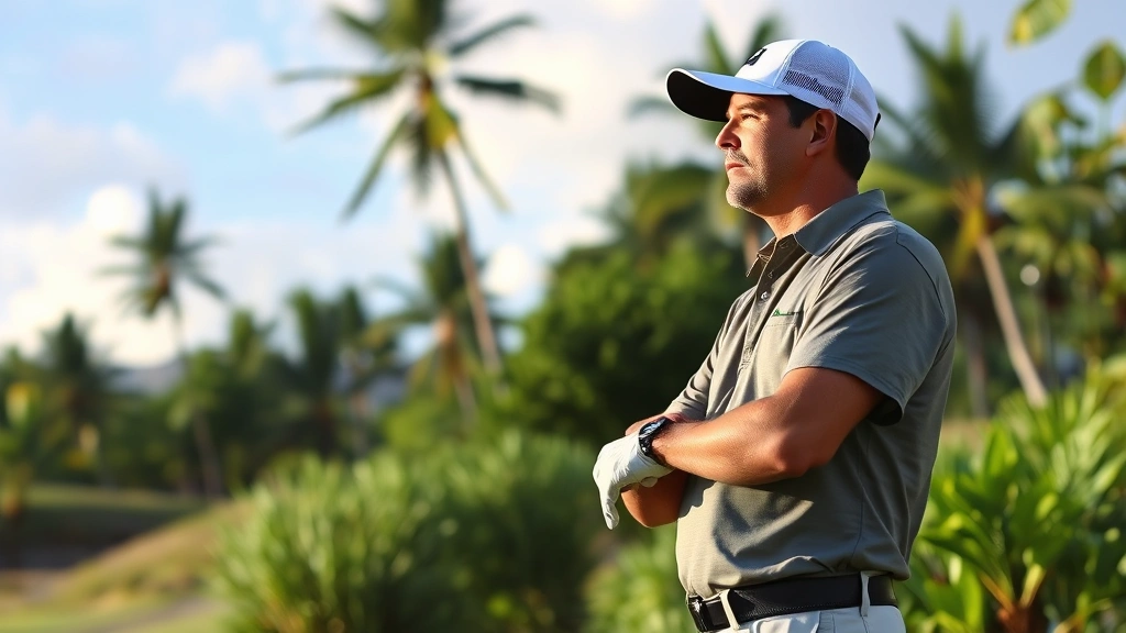 Golfer analyzing course conditions before shot, studying elevation and wind, focused expression, Hawaiian tropical setting with native vegetation, morning or afternoon light