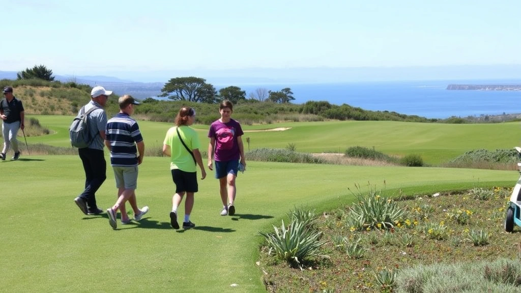 Group of students walking on golf course fairway with instructor, observing landscape, native plants, and bay views, engaged in outdoor environmental learning activity