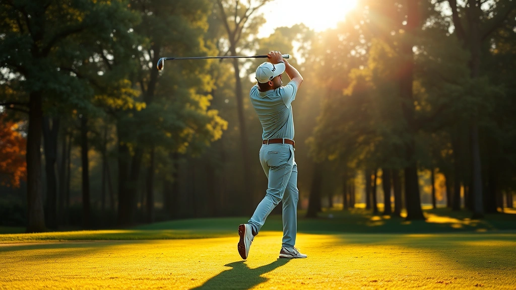 Professional golfer mid-swing on manicured fairway with tree-lined background, morning sunlight, lush green grass, professional stance