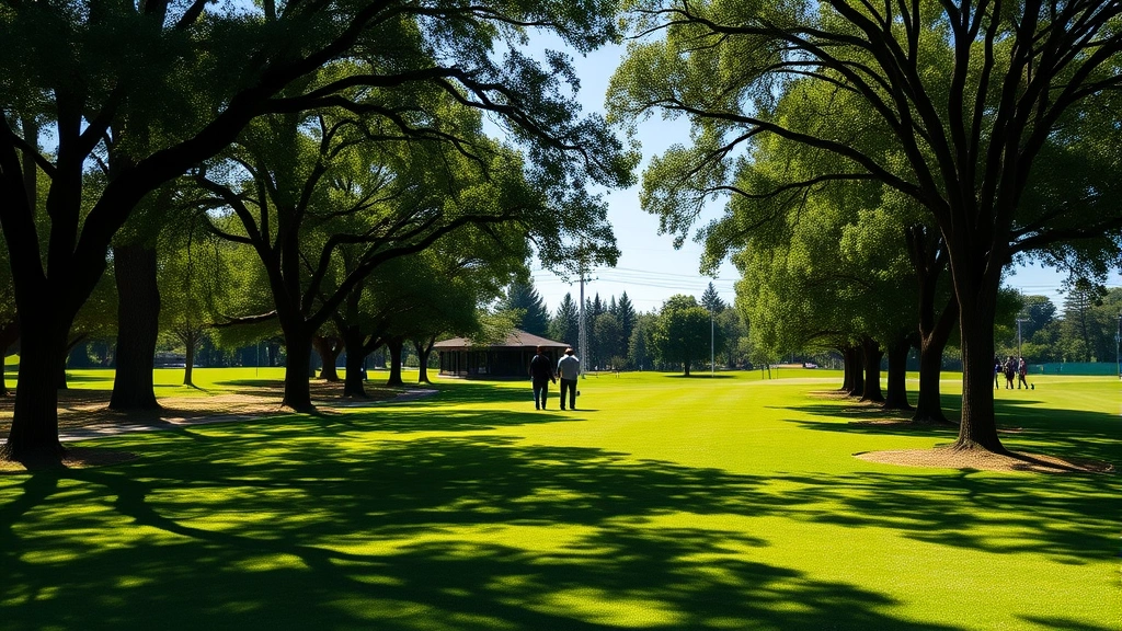 Golfers walking across manicured fairway lined with mature trees, natural sunlight filtering through branches, green landscape under blue sky, peaceful recreational setting