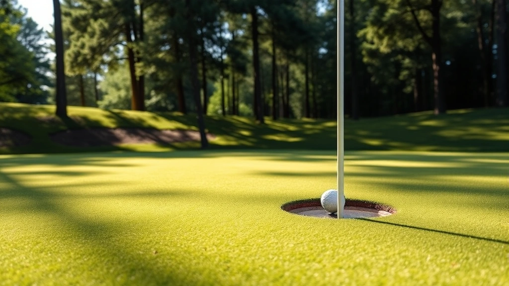 Putting green with golf ball near hole, pristine grass conditions, natural shadows from surrounding trees, peaceful course setting