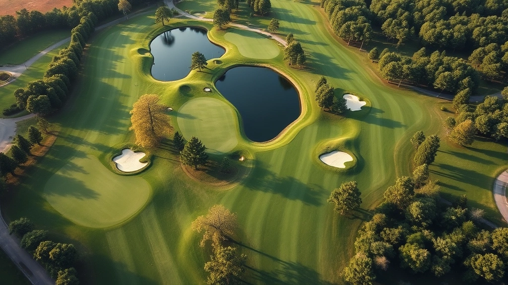 Aerial view of golf course holes showing strategic bunkers, water features, and tree-lined fairways creating natural landscape design, professional grounds maintenance visible