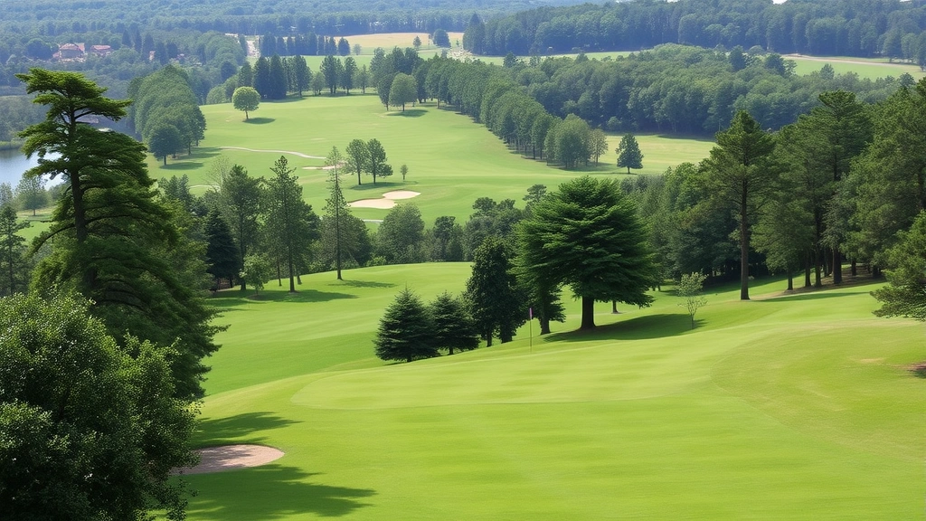 Golf course landscape showing fairway winding through trees, multiple tee markers visible, bunker in distance, scenic park setting
