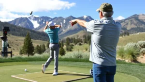 Golfer in proper stance position on practice range with instructor observing, Colorado mountain backdrop, natural daylight, instructor pointing to demonstrate proper posture mechanics