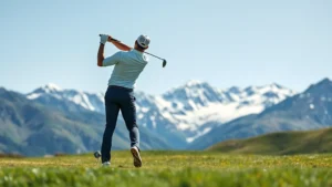 Professional golfer mid-swing on mountain course fairway with snow-capped peaks in background, clear alpine light, lush green grass, realistic photography