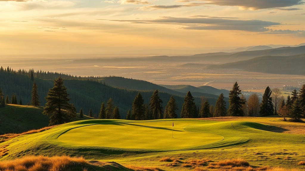 Scenic mountain golf hole with elevated green, forested surroundings, and distant valley views, golden hour lighting, no people visible, photorealistic landscape