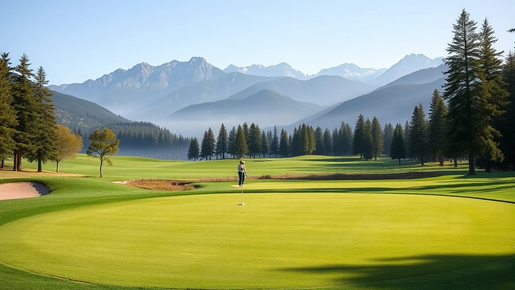 Pristine golf course putting green with manicured fairways and mountain vista backdrop, morning mist clearing from peaks, professional course maintenance, realistic natural lighting