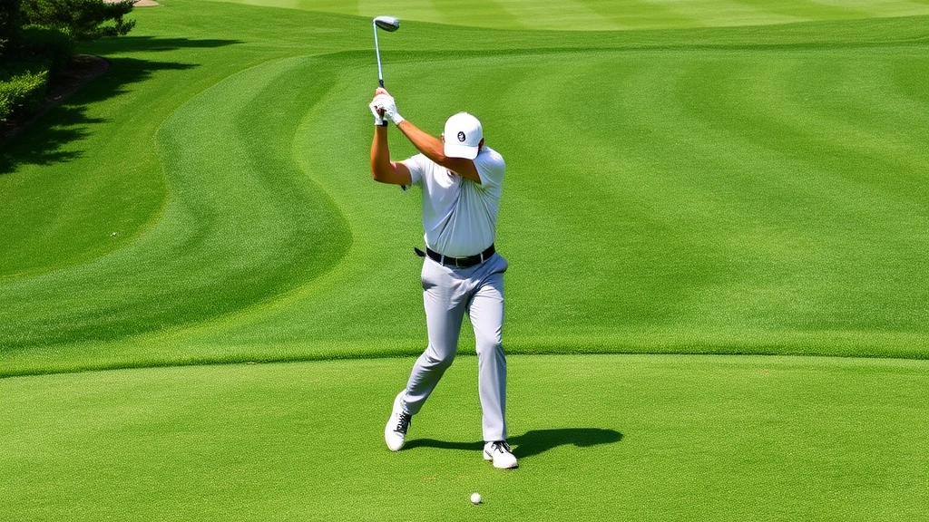 Golfer executing proper iron swing technique on lush fairway, mid-swing position showing correct posture and form, professional golf instruction demonstration, clear sunny conditions