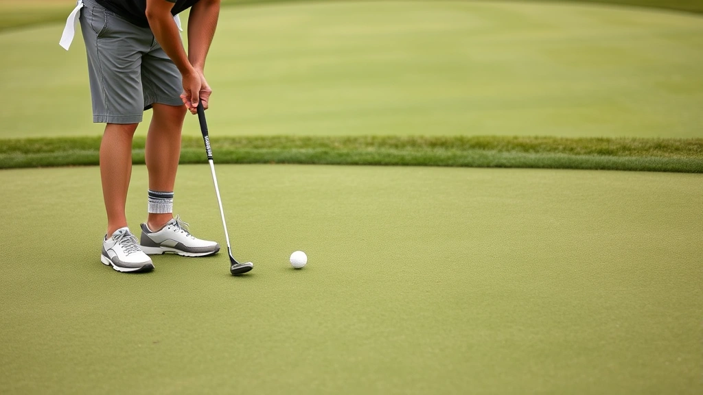 Experienced golfer reading the green before putting, analyzing slope and contours, standing behind the ball with focused expression, well-maintained putting surface with natural breaks