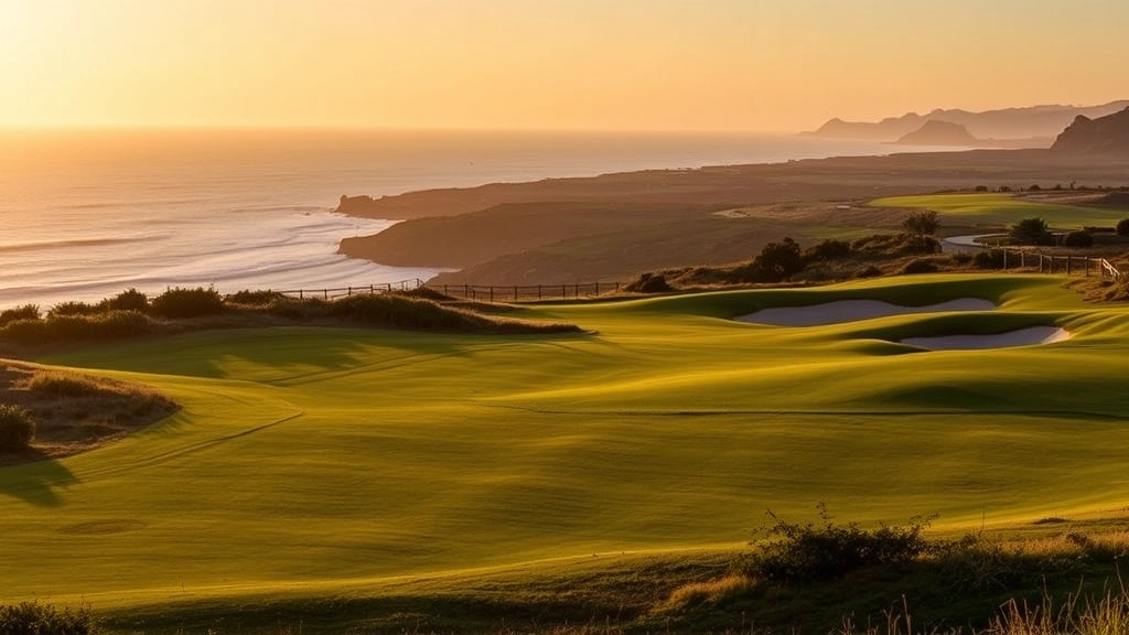 Scenic signature hole at La Purisima with undulating fairway, strategic bunkering, dramatic coastal landscape visible in background, golden hour lighting creating warm atmospheric tones