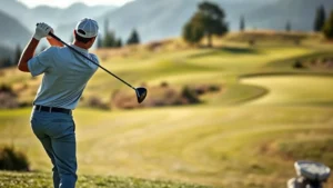 Professional golfer executing perfect swing form on scenic mountain golf course with beautiful landscape, morning sunlight, well-maintained fairway and green visible in background