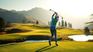Golfer in mid-swing on a mountain course with elevation changes, lush green fairways, water hazard visible, morning light through trees, professional stance and form, realistic photography