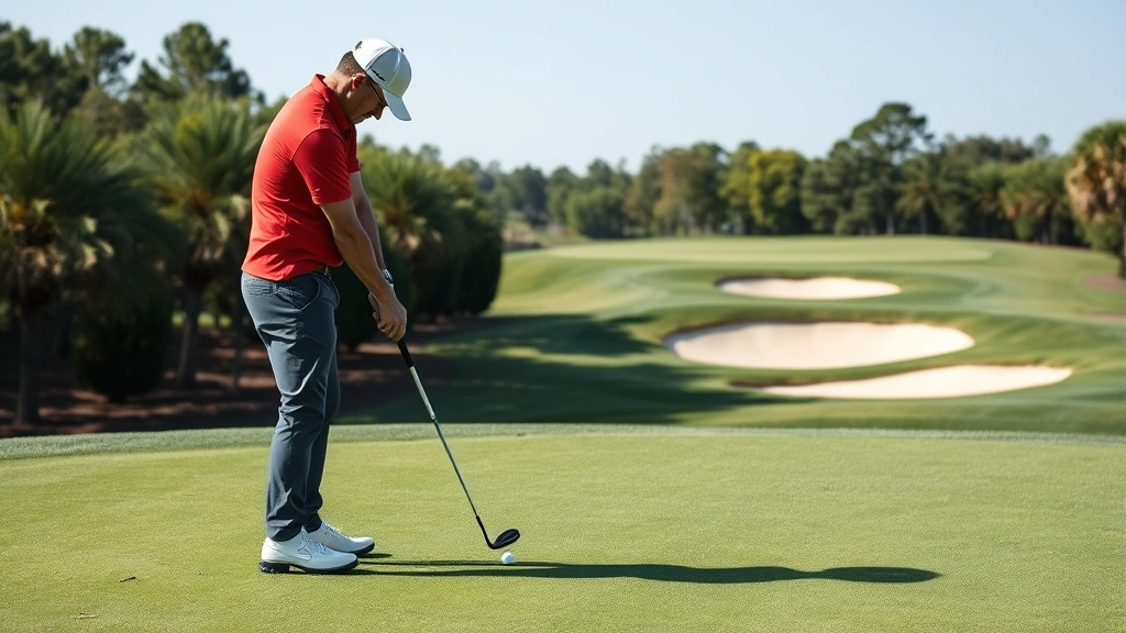Golfer practicing short game shots near green with bunkers visible, demonstrating chip shot technique with focused concentration on manicured practice area