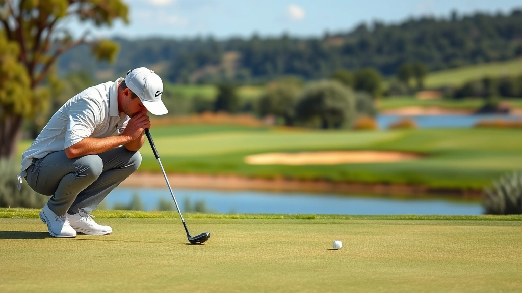 Golfer studying green for putting line, crouching to read slope and break with natural landscape and water hazard visible in distant background, professional golf course setting