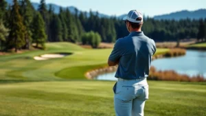 Golfer analyzing fairway landscape with water hazard visible, standing confidently assessing shot options, Pacific Northwest natural scenery background, mid-morning light