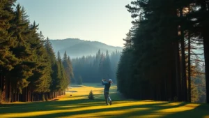 Golfer mid-swing on a scenic fairway lined with mature evergreen trees, morning sunlight filtering through forest canopy, well-maintained grass, natural landscape background