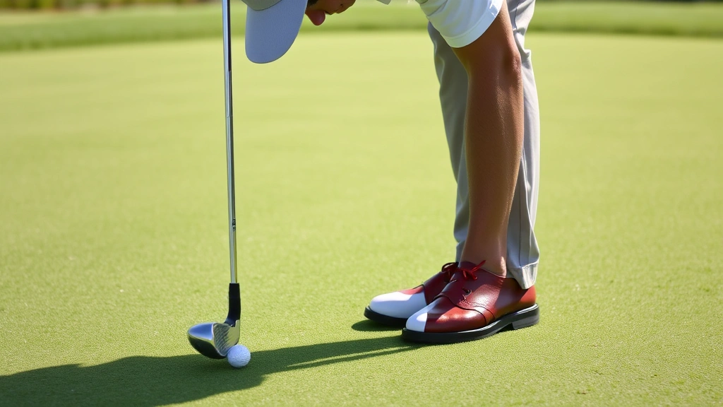 Golfer reading putting green with careful stance, analyzing slope angles from multiple positions, manicured green with subtle elevation changes, calm focus expression