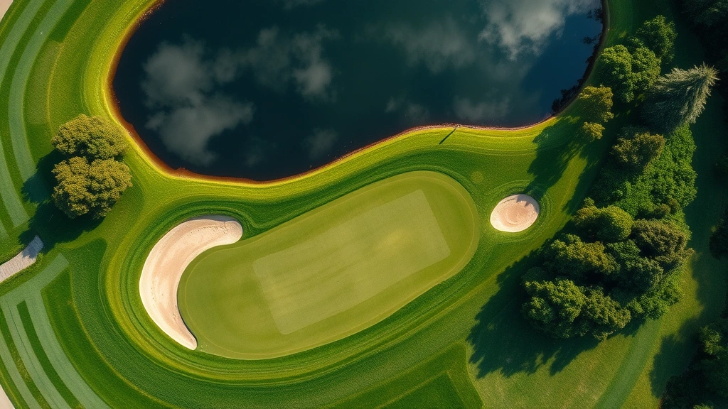 Aerial view of golf course hole with water hazard reflecting sky, sand bunkers strategically placed, fairway leading to green, lush trees surrounding, natural beauty emphasized
