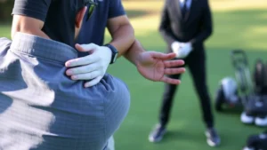 Professional golfer demonstrating proper grip and stance on practice range with clear instruction, natural outdoor lighting, focused on hand and body positioning