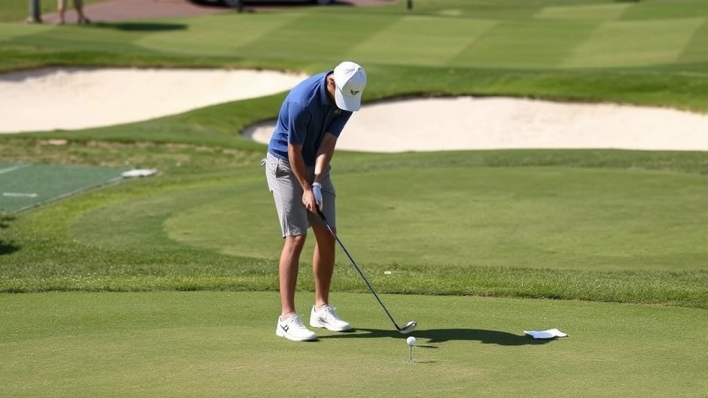 Golfer executing short-game shot near practice green with sand bunker visible, showing concentration and technique in controlled practice environment