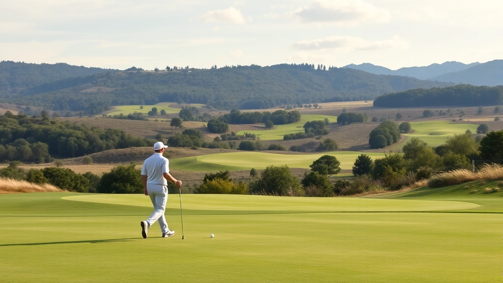Golfer walking fairway during round with course scenery visible, confident posture, natural landscape showing well-maintained course conditions and strategic hole design