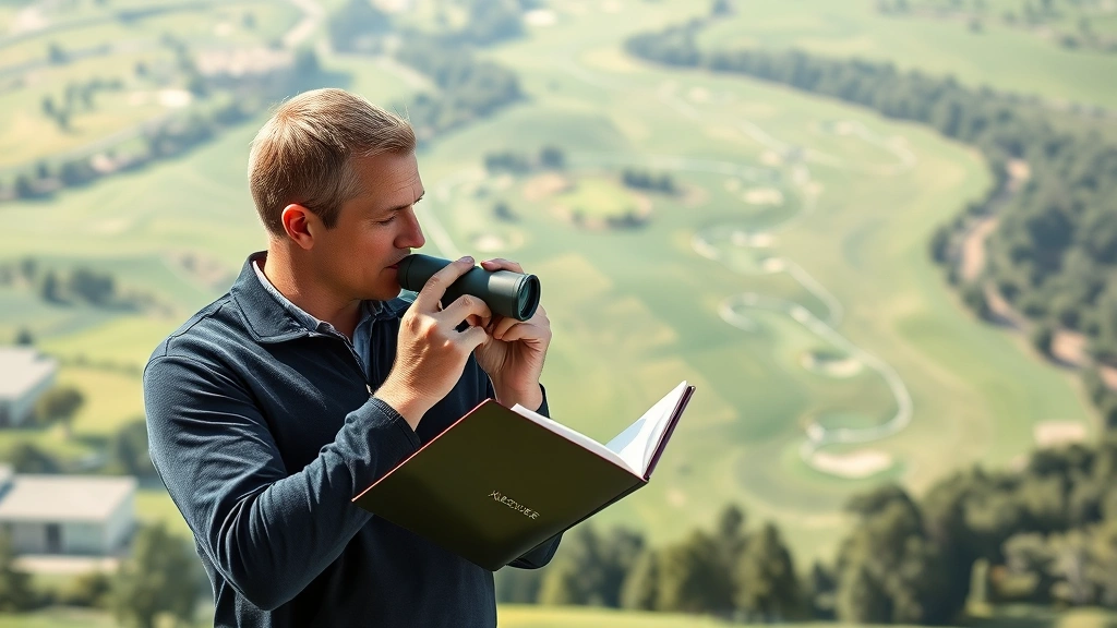 Professional golfer studying aerial view of golf course layout with topographic details, holding rangefinder and yardage book, focused expression, outdoor daylight
