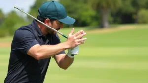 Professional golfer demonstrating proper grip and stance position at address, showing hand placement and body alignment in natural outdoor setting