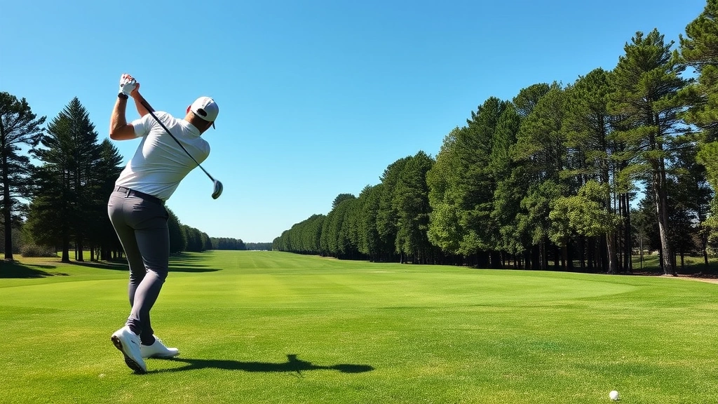 Golfer executing a pitch shot from fairway near green, showing mid-swing position with proper body rotation and club positioning during approach shot