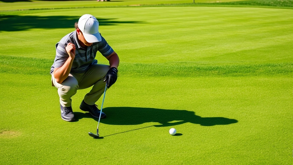 Golfer reading green contours from multiple angles before putting, crouching position examining slope, natural daylight with shadows showing terrain undulation
