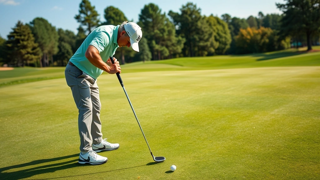 Golfer reading green with careful analysis, studying slope and contours before putting, demonstrating focus and strategic assessment on fairway