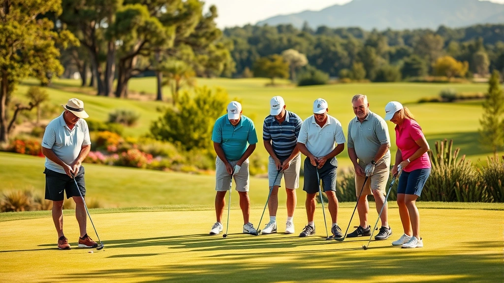 Group of diverse golfers of various ages putting on a green with beautiful landscaping and trees in background, warm afternoon sunlight, genuine smiles and casual athletic wear