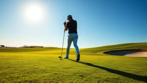Professional golfer teeing off on a pristine fairway with manicured greens and blue sky, morning sunlight creating shadows, lush grass and sand bunkers visible in background