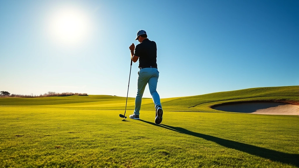 Professional golfer teeing off on a pristine fairway with manicured greens and blue sky, morning sunlight creating shadows, lush grass and sand bunkers visible in background