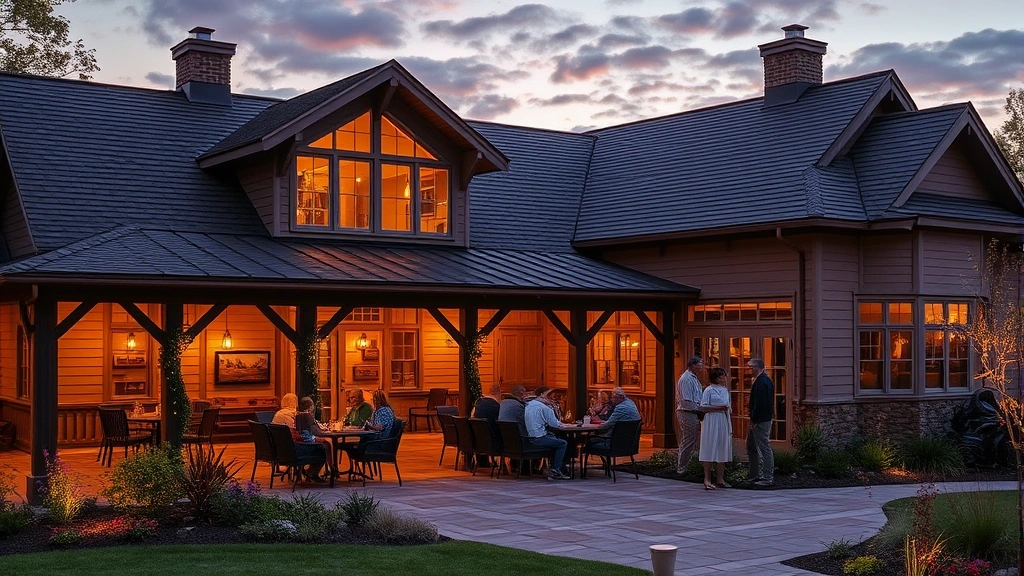 Vintage-style clubhouse with modern maintenance, families and golfers socializing on patio area, sunset lighting, community gathering atmosphere with professional landscaping