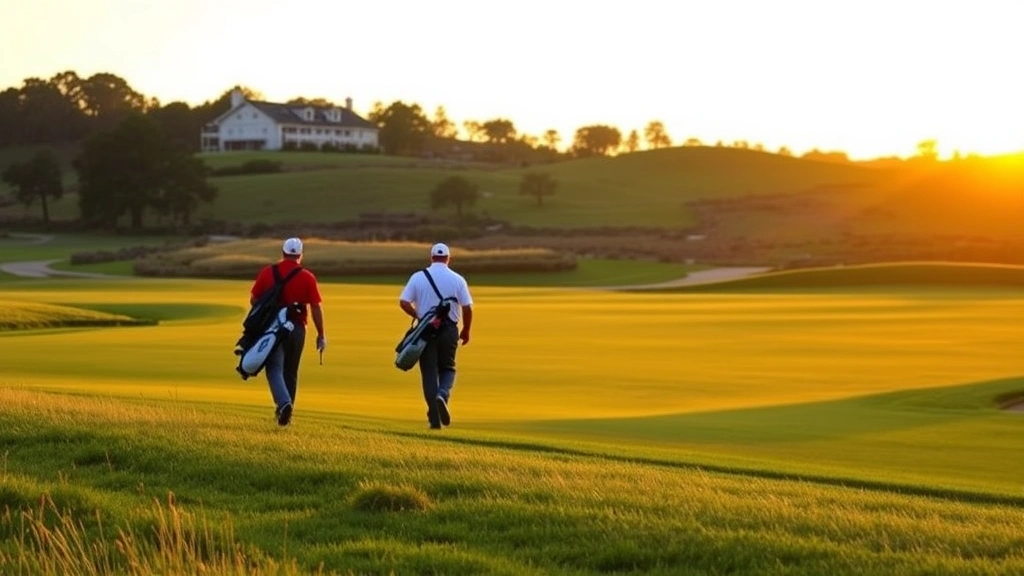 Golfers walking fairway with golf bags and carts, clubhouse visible on hill in background, sunset lighting, well-groomed rough and fairway, peaceful course setting