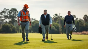 Professional golf course superintendent and maintenance team members inspecting fairway turf quality and health during morning course walk-through, examining grass closely