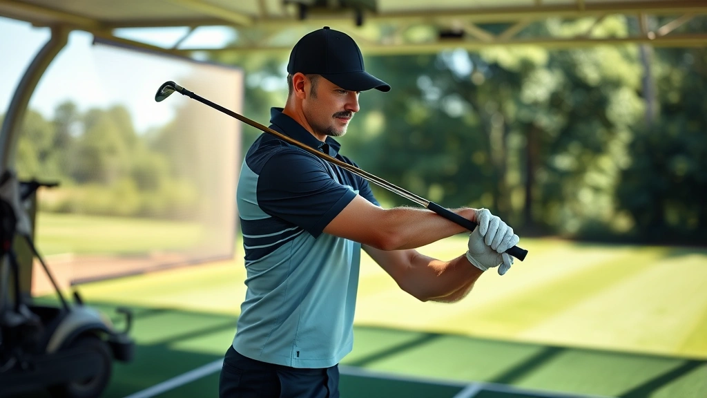 Professional golfer in perfect address position on driving range, focused expression, demonstrating proper posture and alignment with golf club, bright daylight, realistic photography