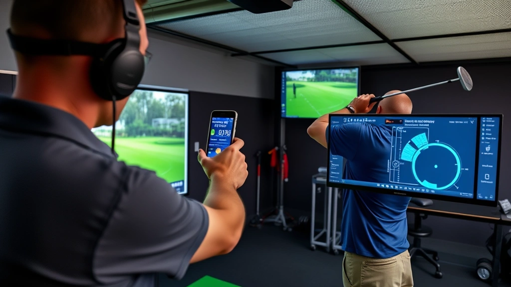 Golf instructor using launch monitor technology with student, analyzing swing data on digital screen, modern indoor training facility, professional coaching environment, realistic detail