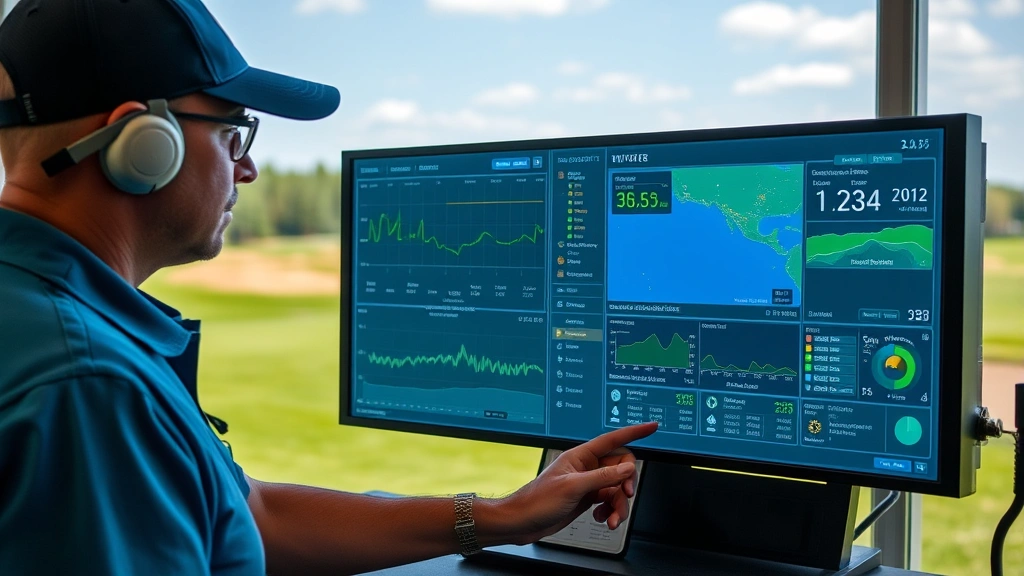 Golf course manager reviewing irrigation system controls and weather data on digital display during facility inspection and operational oversight