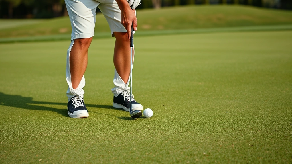 Golfer executing short game shot near green, chipping with precision, manicured course grass, concentrated posture, natural outdoor lighting, detailed realistic action
