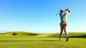 Golfer mid-swing on expansive fairway with distant green, professional posture, powerful stance, clear blue sky, manicured course, photorealistic