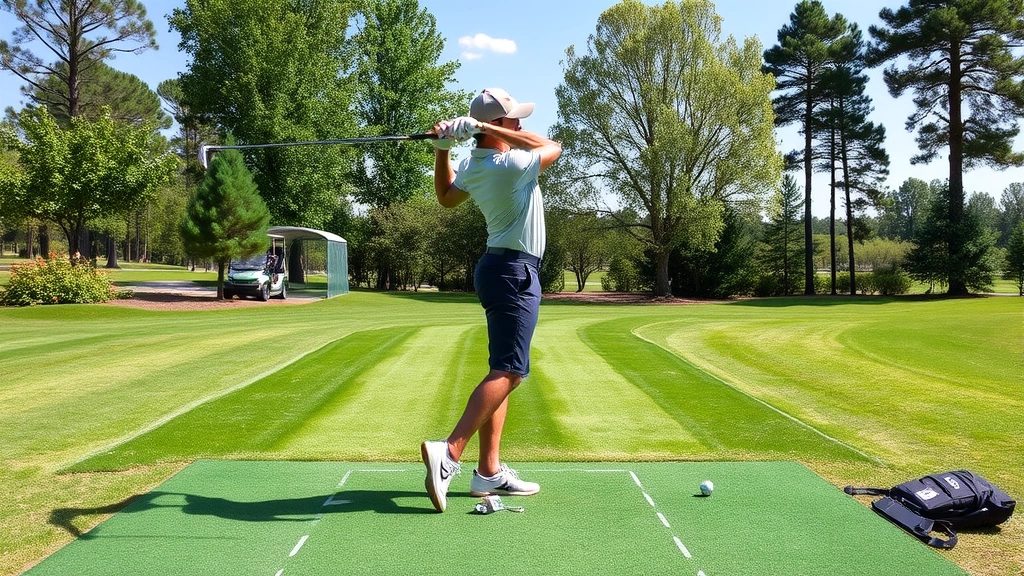 Professional golfer demonstrating perfect swing posture and alignment on a well-maintained practice range, showing athletic stance with proper body positioning and balance