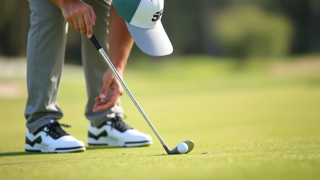 Golfer executing a delicate short game chip shot near the green with focused concentration, showing proper hand position and controlled motion technique