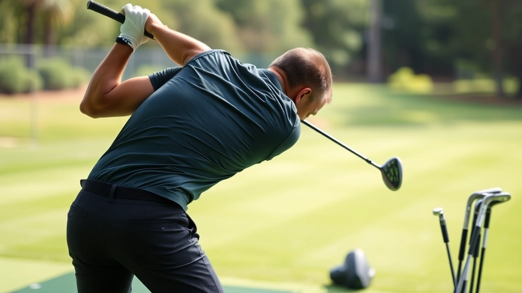 Fit golfer performing core strengthening exercise on practice range, proper form, athletic build, golf clubs visible nearby, training focus, professional setting